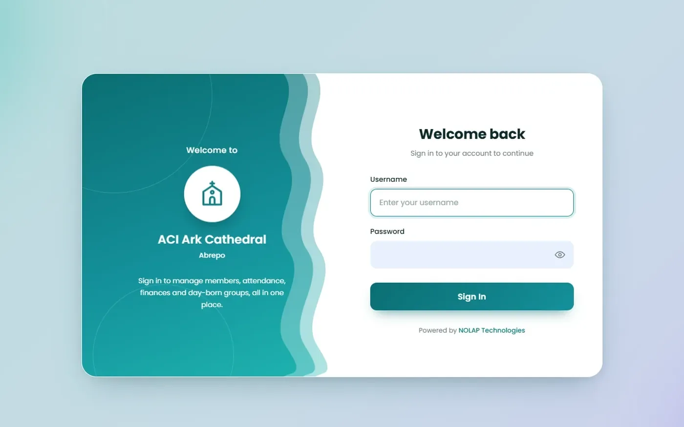 The sign-in page of the ACI Ark Cathedral church management system