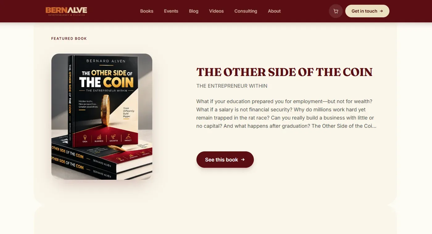 The Bernard Alven website showing his featured book, The Other Side of the Coin