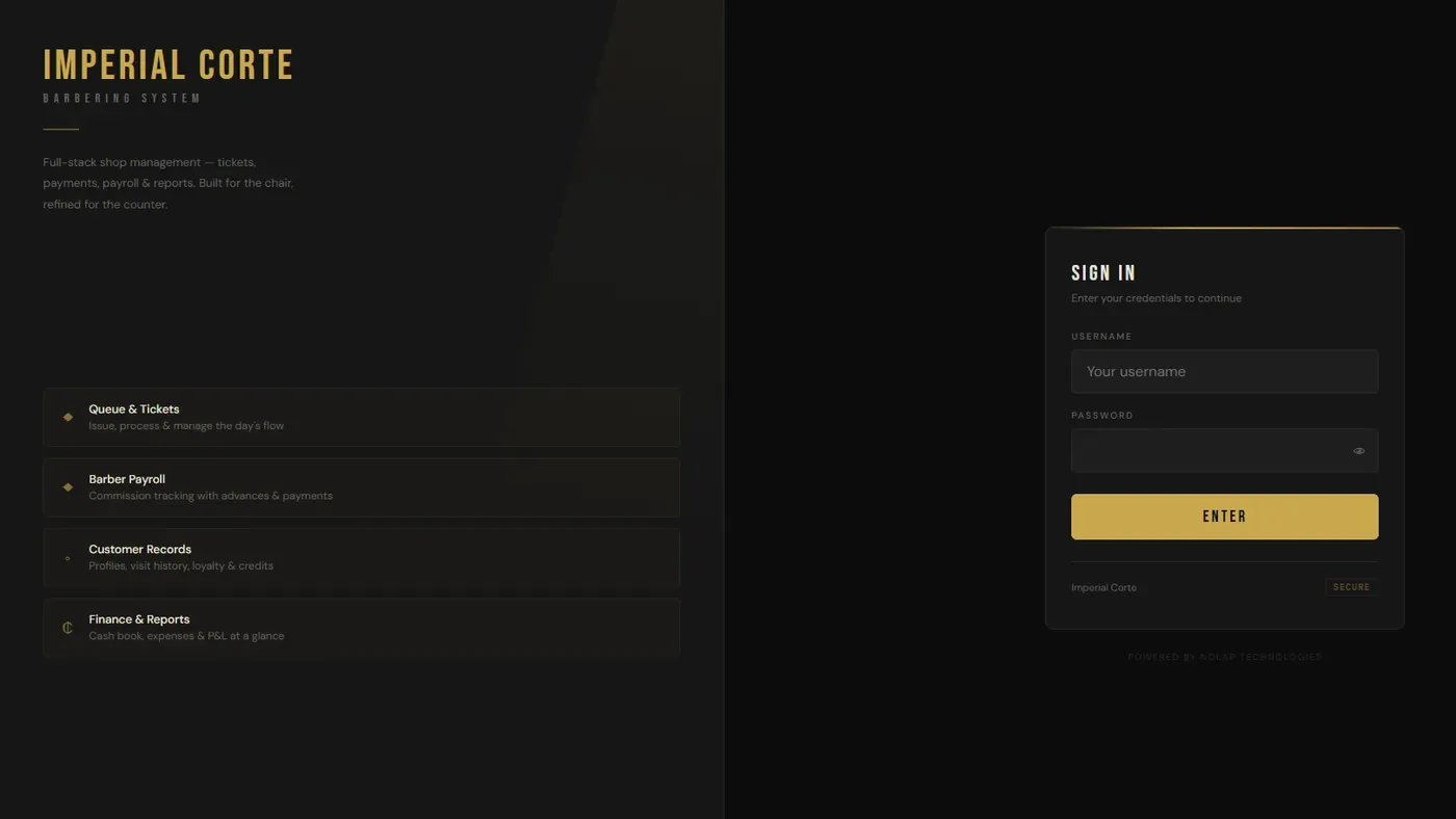 The sign-in page of the Imperial Corte barbering system