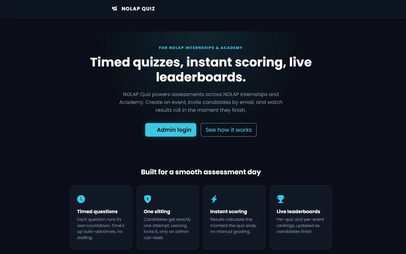 The NOLAP Quiz home page: timed quizzes, instant scoring and live leaderboards