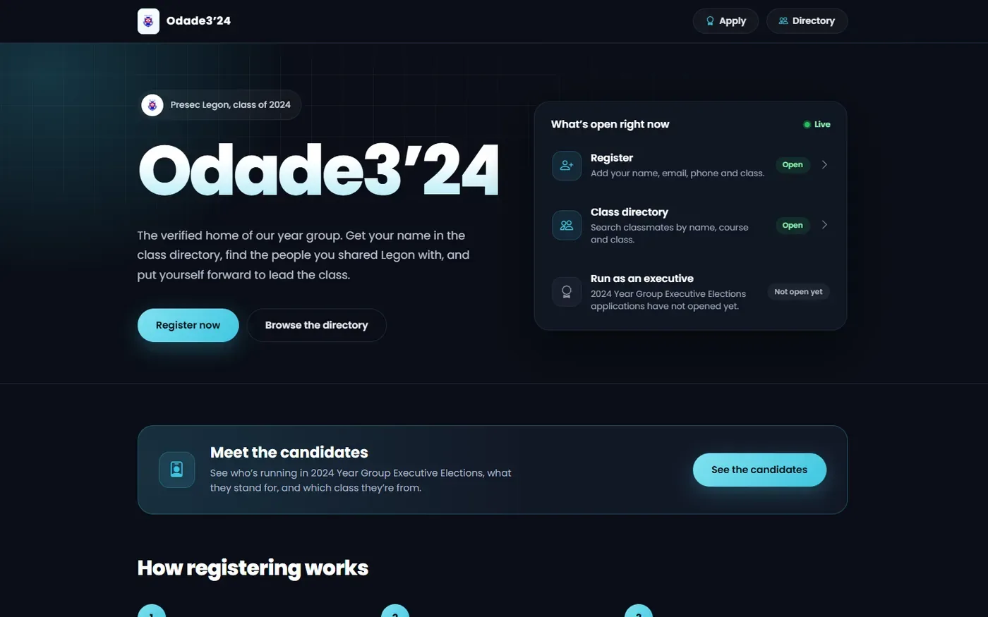 The Odade3'24 home page with registration, the class directory and the executive elections
