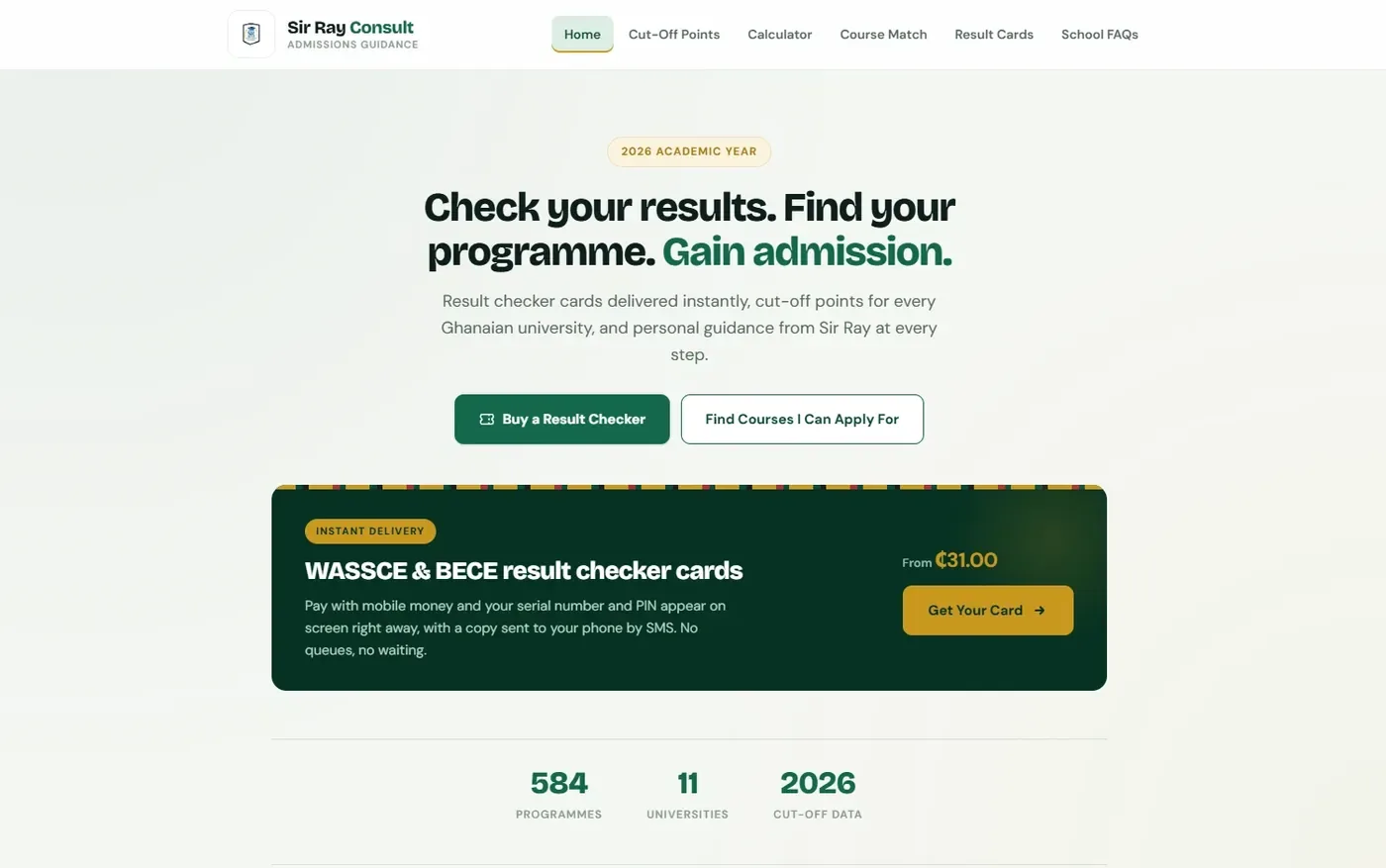 The Sir Ray Consult home page with result checker cards, cut-off points and course matching